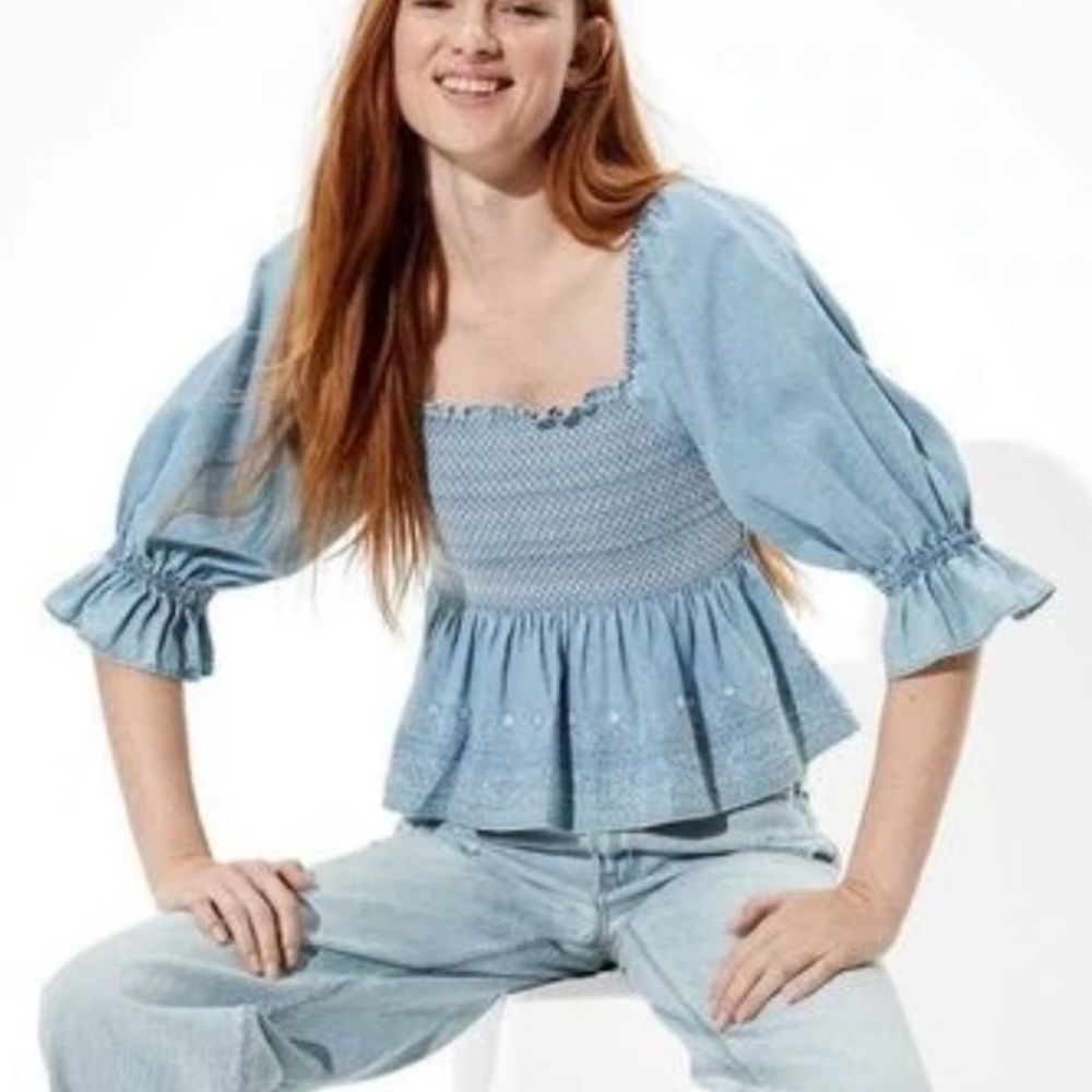 AEO Smocked Square Neck Babydoll Top